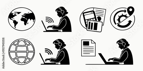 Icons representing various aspects of remote work and digital communication. Vector