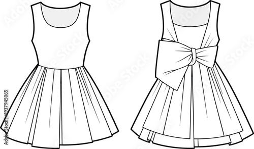 Flat vector CAD fashion sketch of sleeveless flared dress with large bow detail on back, front and rear technical illustration
