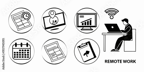 Illustration of a person working remotely with various symbols around them Vector