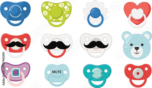 Baby Pacifier Collection Vector Illustration – Cute Infant Soother Designs with Bear, Mustache, Heart and Mute Pacifier Icon