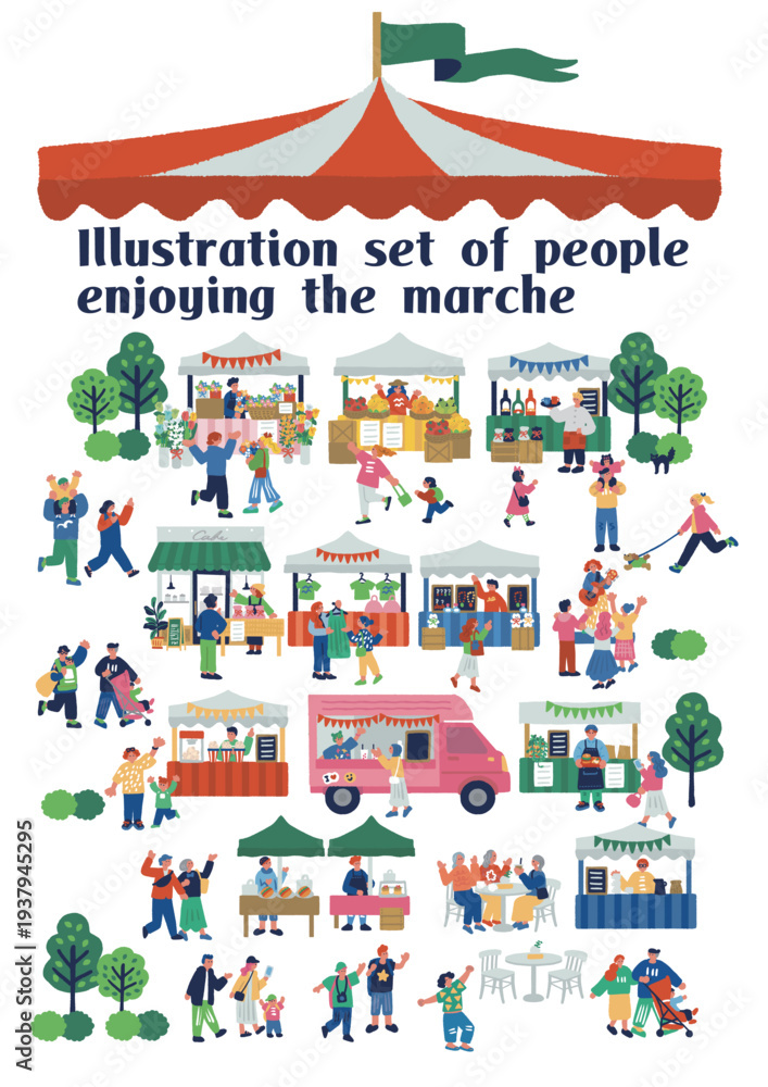 Obraz premium マルシェを楽しむ人々のカラフルでフラットなイラスト