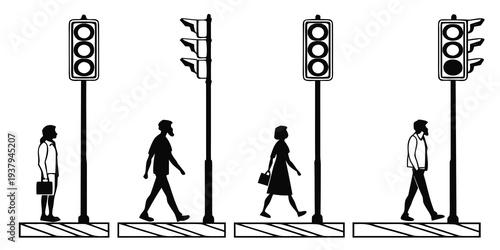 People crossing the street at a traffic light during different times of the day Vector