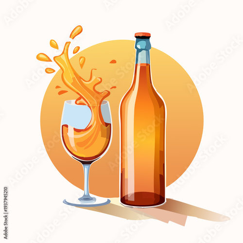 Wine Glass and Bottle with Splashing Liquid.