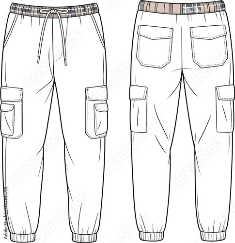 Flat vector CAD illustration of cargo jogger pants with plaid waistband, drawstring closure, patch pockets, flap pockets, and ribbed cuffs