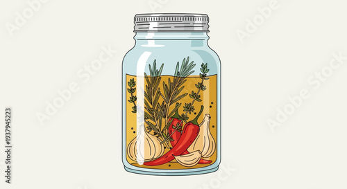 Illustrated Jar of Pickled Vegetables with Herbs.