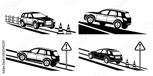 Illustrations of cars navigating through various road signs and obstacles. Vector