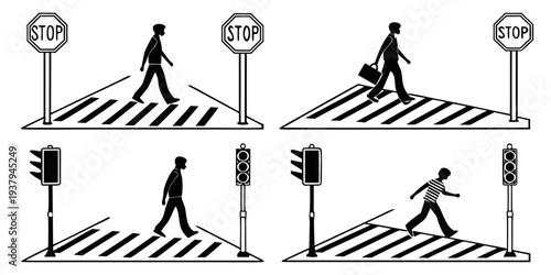 Pedestrian crossing signals and their corresponding actions for safe road usage Vector