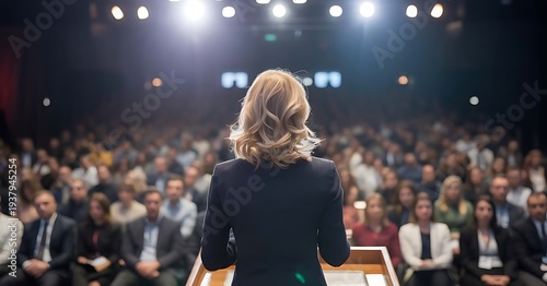 Woman public speaker addressing audience from stage lectern with spotlights beaming
