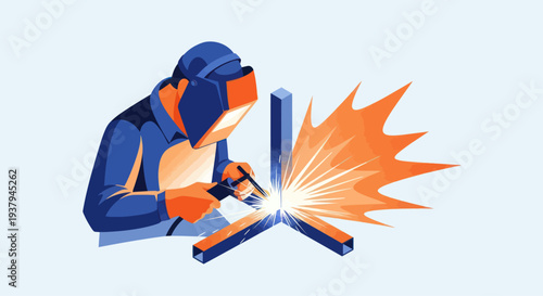 Welding Worker in Protective Gear Working.