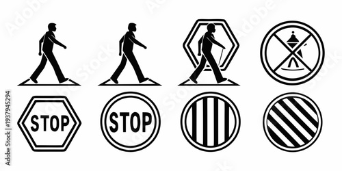 Variety of road signs and symbols indicating stop, pedestrian crossing, and no parking. Vector