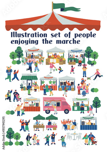 マルシェを楽しむ人々のカラフルでフラットなイラスト