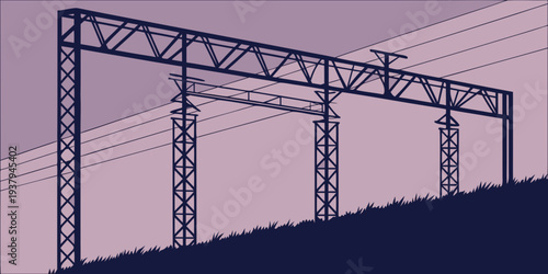 A large industrial structure stands tall against a purple sky with a dark green base. Vector