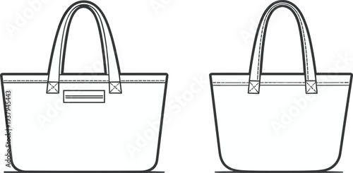 Flat vector CAD illustration of classic tote handbag front and back view with stitched handles, label patch, and clean design