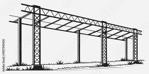 Large industrial building structure with visible steel framework and supports Vector