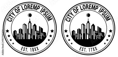 City of lorem ipsum seal with skyscraper skyline and stars vector art