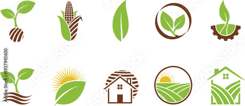 Agriculture and Farming Icon Set with Leaf, Corn, Farm House, Sunrise and Organic Nature Symbols for Eco Agriculture and Rural Industry Design