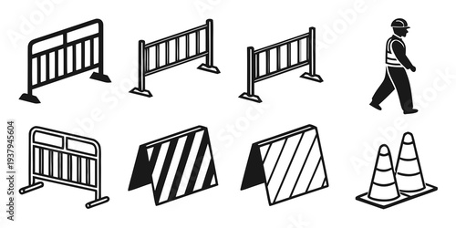 A man walking past various construction signs and barriers on a road Vector