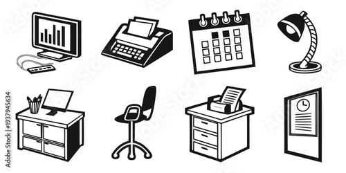A collection of office supplies and furniture including a computer, desk, chair, and lamp. Vector