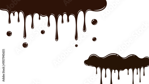 Melted chocolate dripping drops background with cocoa liquid splashes