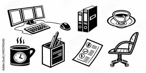 A collection of office and tech items including a laptop, phone, and coffee cup Vector