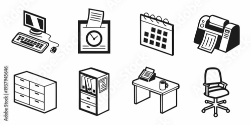 A collection of icons representing various office and work-related items. Vector