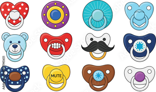 Colorful Baby Pacifier Icon Set with Cute Cartoon Designs Including Bear, Mustache, Teeth, Heart and Mute Symbol for Infant Care Graphics