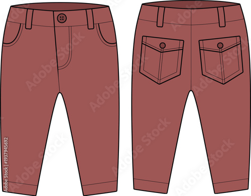 Flat vector CAD drawing of kids’ pants with back flap pockets, front button, waistband design, children fashion technical sketch