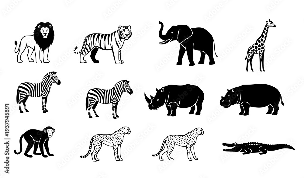 Fototapeta premium Wild Animal Species and Safari Zoo Fauna Vector Icon Set
