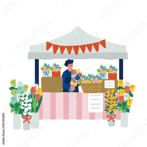 花束やブーケを販売するマルシェ花屋の屋台イラスト