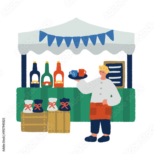 ジュースやドリンクを販売するマルシェ屋台のイラスト