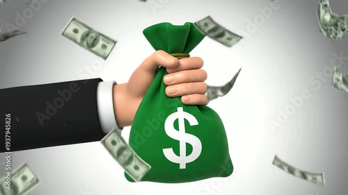 Cartoon Hand Holding Green Bag with Dollar Sign Amid Falling Currency on White Gradient Background