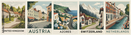 Set of retro travel posters featuring United Kingdom, Austria, Azores, Switzerland and Netherlands. Flat vector landscapes with villages, canals, mountains and coastal scenery.