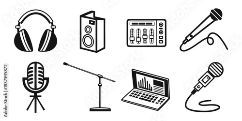 A collection of various audio and video recording equipment and accessories Vector