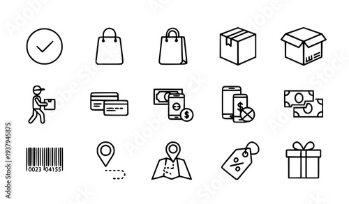 Minimalist E-commerce and Online Shopping Delivery Vector Icon Set