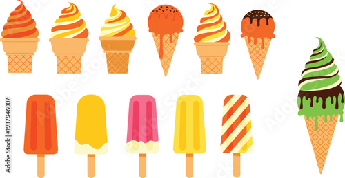 Colorful Ice Cream and Popsicle Collection with Various Flavors, Cones, and Frozen Dessert Treats for Summer Food Menu, Cafe, and Sweet Snack Designs