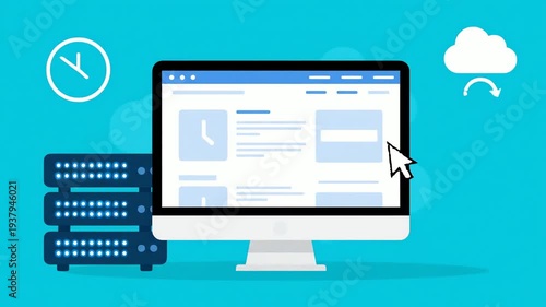 Wallpaper Mural Digital Server with Website Interface on Teal Background Featuring Clock Cloud and Mouse Pointer in Flat Style Torontodigital.ca