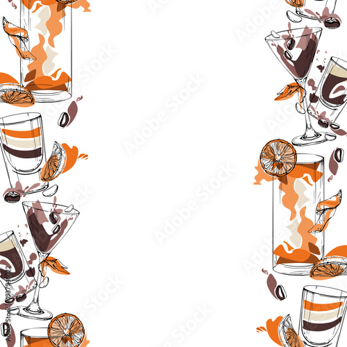 Layered B-52, Long Island and espresso martini strip, orange and coffee beans. Hand drawn vector seamless banner with double edges for brand modules, lifestyle pages, event ribbons and product wraps.