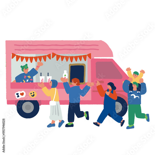 キッチンカーに並ぶ人々のカラフルでフラットなイラスト