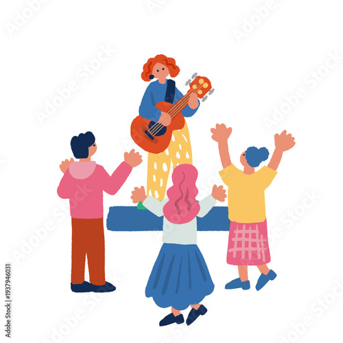 路上ライブを楽しむ人々のカラフルでフラットなイラスト