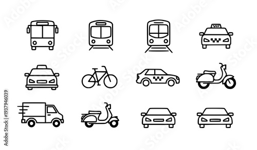 Minimalist Urban Transport Fleet and Public Transit Vehicle Vector Icon Set