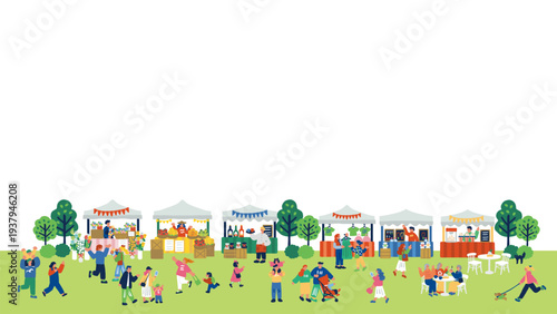 マルシェを楽しむ人々のカラフルでフラットなイラスト