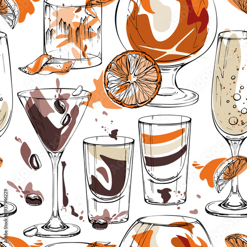 Aperol spritz, wine swirl, coffee shots and citrus cocktails in warm pattern repeat with hand drawn ink silhouettes. Isolated seamless tile for menus, blog background, gift wraps and product surfaces.