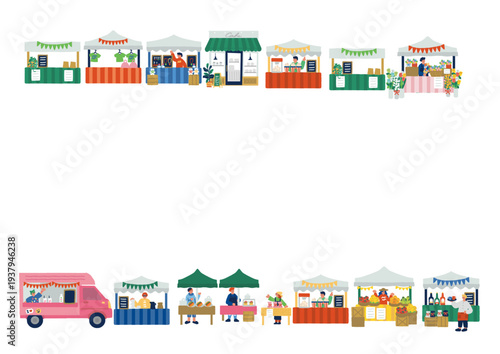 マルシェを楽しむ人々のカラフルでフラットなイラスト