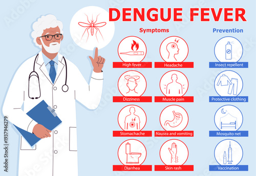 Medical infographics. Doctor talks about symptoms and prevention of dengue fever. Medical information poster. Flat vector illustrationChoosing contraception doctor