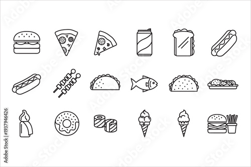 Food icons set with various fast food and restaurant items