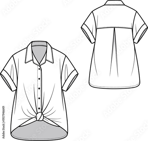 Flat vector cad drawing of short sleeve knotted front shirt with button placket, collar detail, back pleat, technical fashion sketch