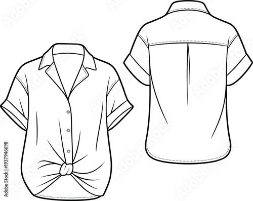 Flat vector cad drawing of short sleeve knotted shirt with collar, button-down front, rolled sleeves, back yoke, front and back view