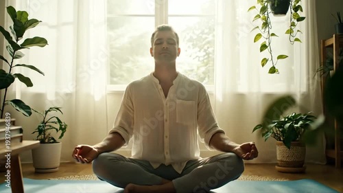 Man Meditating Calmly Cross Legged on Yoga Mat in Bright Room with Houseplants Under Sunlight in White Button Shirt and Gray Pants