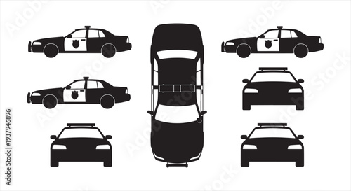 Police car views set with top, side, front and rear angles, black and white vector illustration

