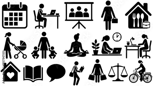 Daily life silhouette icons set featuring work, family, shopping, yoga, cycling, justice, communication, home, and lifestyle graphics